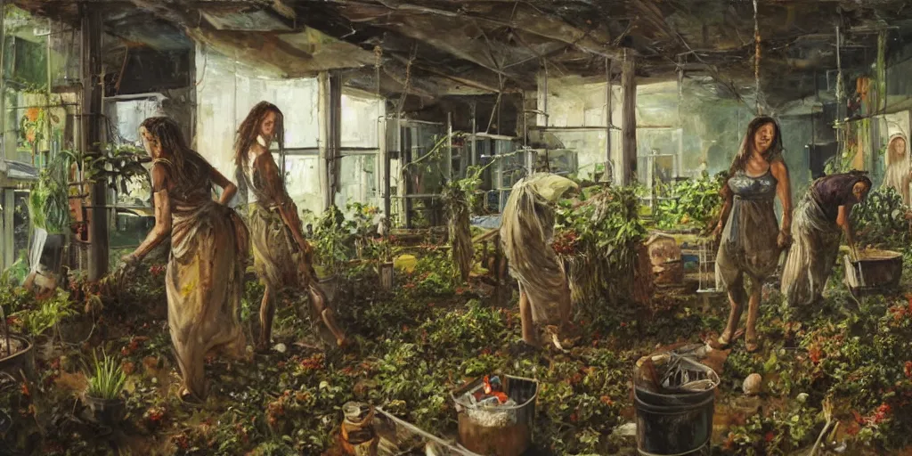 Prompt: post-apocalyptic oil painting of women cultivating an aquaponic system, wide shot, indoors