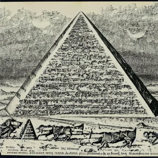 Image similar to an old journal page with a rich illustration of a ufo laying blocks of a half-built Pyramid of Giza