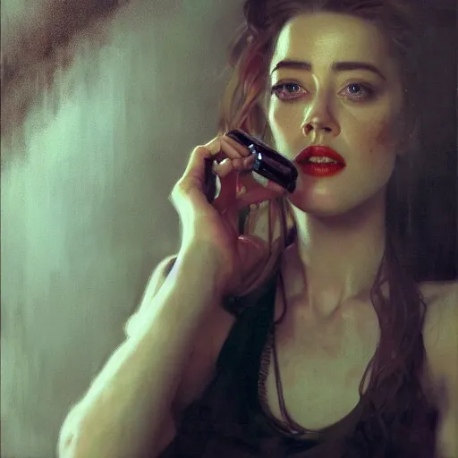 Prompt: hyperrealistic portrait of a woman as amber heard making a telephone noir call by jeremy mann and alphonse mucha, fantasy art, photo realistic, dynamic lighting, artstation, poster, volumetric lighting, very detailed faces, 4 k, award winning