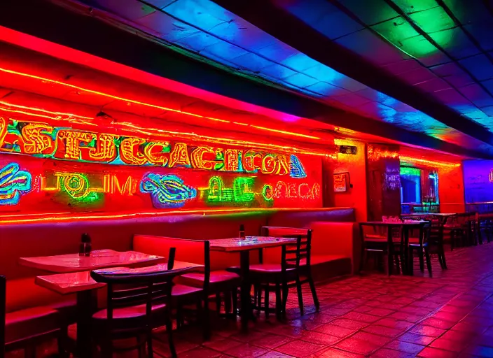 Image similar to photo of a mexican restaurant, neon lights, in a flat snowy field. 35mm. Very detailed 8k. Sharp. Cinematic post-processing. Unreal engine. Ray tracing. Parallax. Tessellation