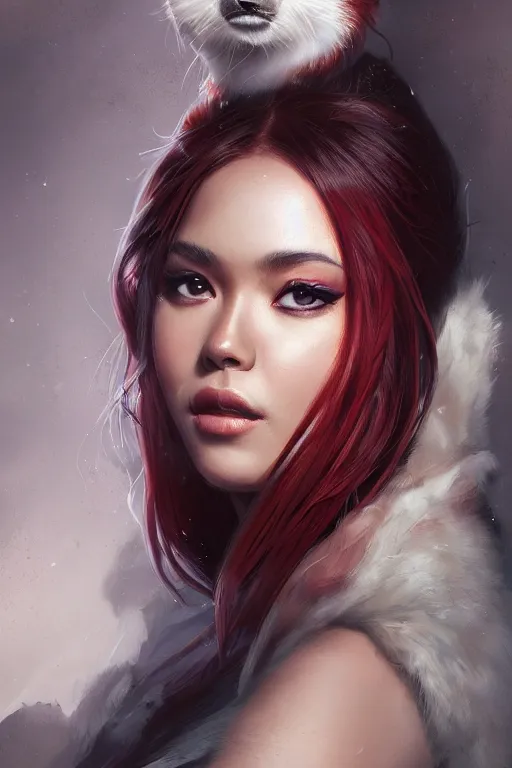 Image similar to a detailed portrait of a beautiful woman with ( red panda ) features, in professional makeup, dramatic lighting, by artgerm, ross tran, greg rutkowski, 4 k, trending on artstation