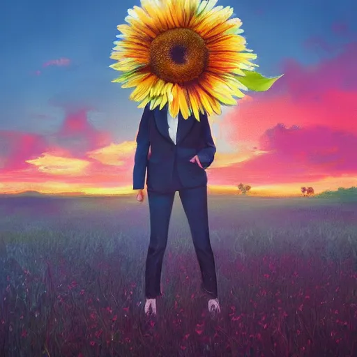 Image similar to giant daisy flower under head, frontal, a girl in a suit, surreal photography, sunrise, dramatic light, impressionist painting, digital painting, artstation, simon stalenhag