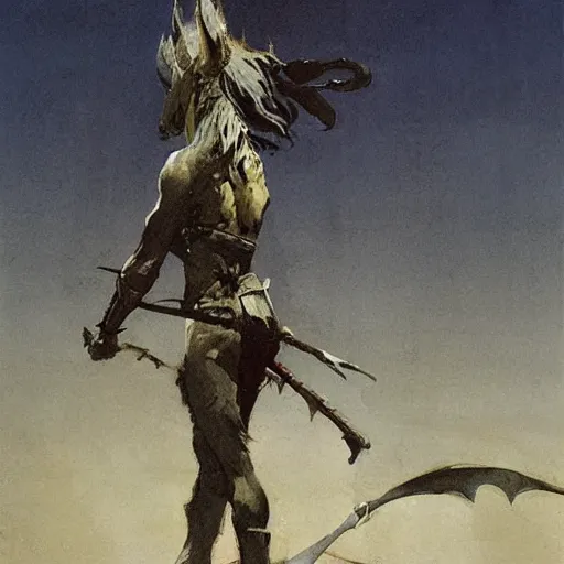 Prompt: warrior standing over dead dragon by jeffrey catherine jones