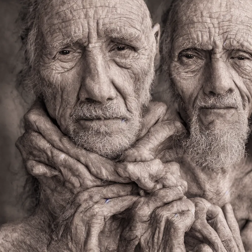 Image similar to an ancient man, extreme wrinkles, time weighs heavily, old beyond his years