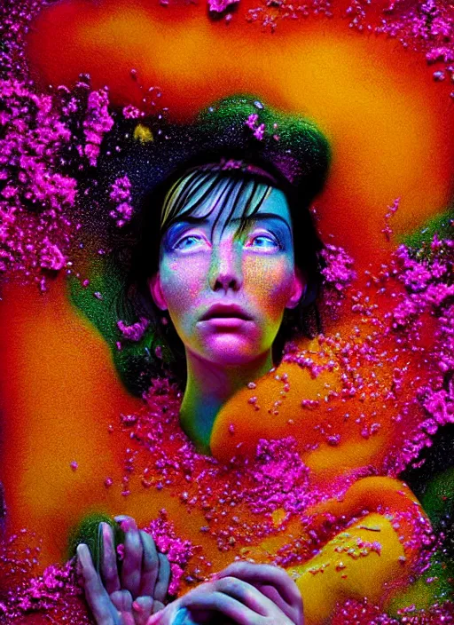 Image similar to hyper detailed 3d render like a Oil painting - black haired girl in mascara seen Eating of the Strangling network of colorful yellowcake and aerochrome and milky Fruit and Her delicate Hands hold of gossamer polyp blossoms bring iridescent fungal flowers whose spores black the foolish stars by Jacek Yerka, Mariusz Lewandowski, Houdini algorithmic generative render, Abstract brush strokes, Masterpiece, Edward Hopper and James Gilleard, Zdzislaw Beksinski, Mark Ryden, Wolfgang Lettl, Dan Hiller, hints of Yayoi Kasuma, octane render, 8k