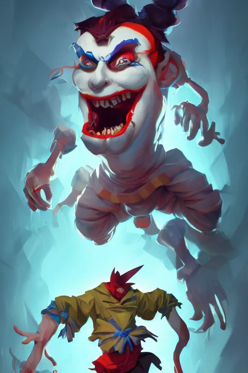 Image similar to wacky insane clown, video game character design , 2d game fanart, mobile game, behance hd by Jesper Ejsing, by RHADS, Makoto Shinkai and Lois van baarle, ilya kuvshinov, rossdraws global illumination