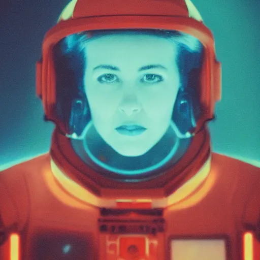 Prompt: stunning portrait of a space freighter pilot, photography, film still, Highly detailed, 1980s science fiction atmosphere, dark, teal and orange color grading,