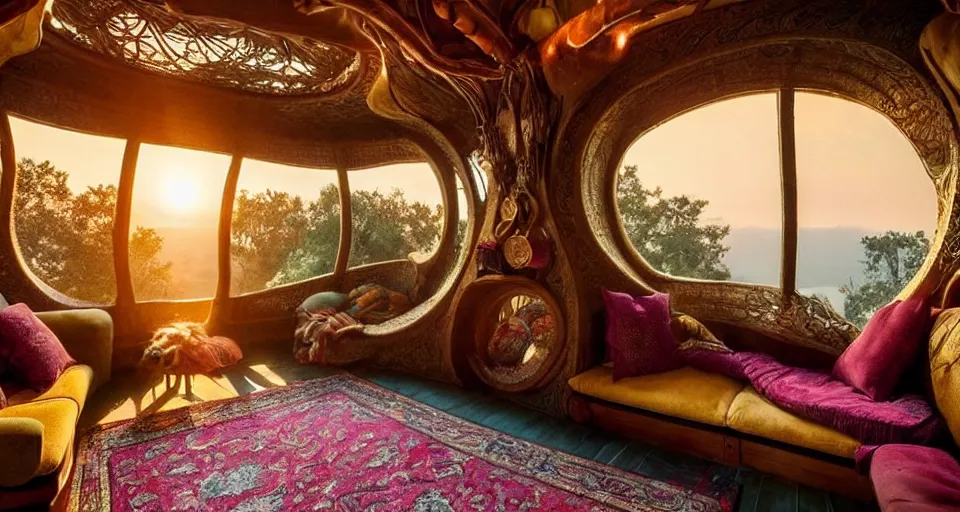 Image similar to an incredibly beautiful scene from a 2 0 2 2 marvel film featuring a cozy art nouveau reading nook in a fantasy treehouse interior. a couch with embroidered pillows. golden hour. 8 k uhd.