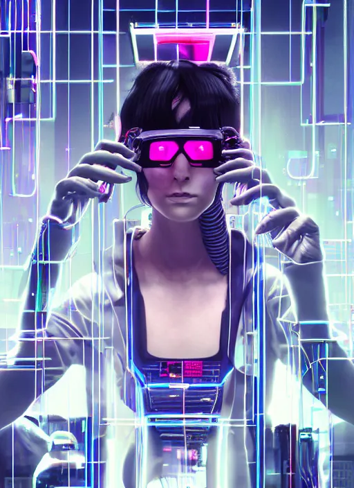 Image similar to portrait of a woman in wires and cyberpunk goggles on her head in a server room in color smoke, symmetrical, art by maciej kuciara, trending on artstation, futurism, dystopian art, 8 k