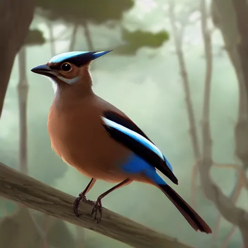 Image similar to brown spanish jay bird, garrulus glandarius, arrendajo in avila pinewood, 4 k, concept art, by wlop, ilya kuvshinov, artgerm, krenz cushart, greg rutkowski, pixiv. cinematic dramatic atmosphere, sharp focus, volumetric lighting, cinematic lighting, studio quality