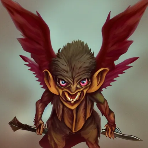 Prompt: goblin with angel wings, wings have knives instead of feathers, sword in hard, realistic, cinematic, night time,