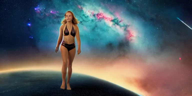 Image similar to film still of unrealistically curvy brie larson, focus on facial - detail!!!!!!, walking on the bifrost, toward an endless abyss in space, wearing a flowy bikini inspired by ancient roman clothing, beautiful astronomical background with galaxies and nebulas, lack of sunlight, 8 k resolution, cinematic lighting, anatomically correct, by christopher nolan