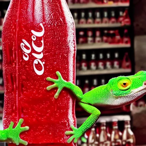 Image similar to gecko advertising the drink coca cola to all his chameleon friends, promo photo
