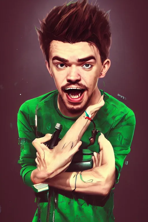 Image similar to a portrait of the YouTuber jacksepticeye in a goofy outfit by Greg Rutkowski, Sung Choi, Mitchell Mohrhauser, Maciej Kuciara, Johnson Ting, Maxim Verehin, Peter Konig, final fantasy , 8k photorealistic, cinematic lighting, HD, high details, atmospheric , trending on artstation