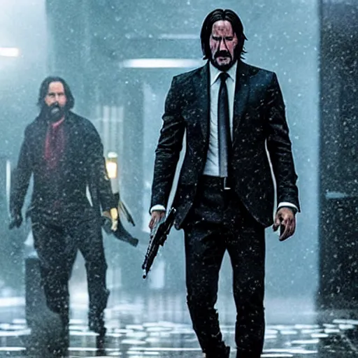 Image similar to john wick with the avengers, dramatic, epic, cinematic, key moment, lighting effects