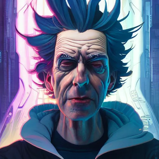 Prompt: 5 5 5 rick sanchez cyberpunk portrait by gaston bussierre and charles vess and james jean and erik jones and rhads, inspired by ghost in the shell, beautiful fine face features, intricate high details, sharp, ultradetailed