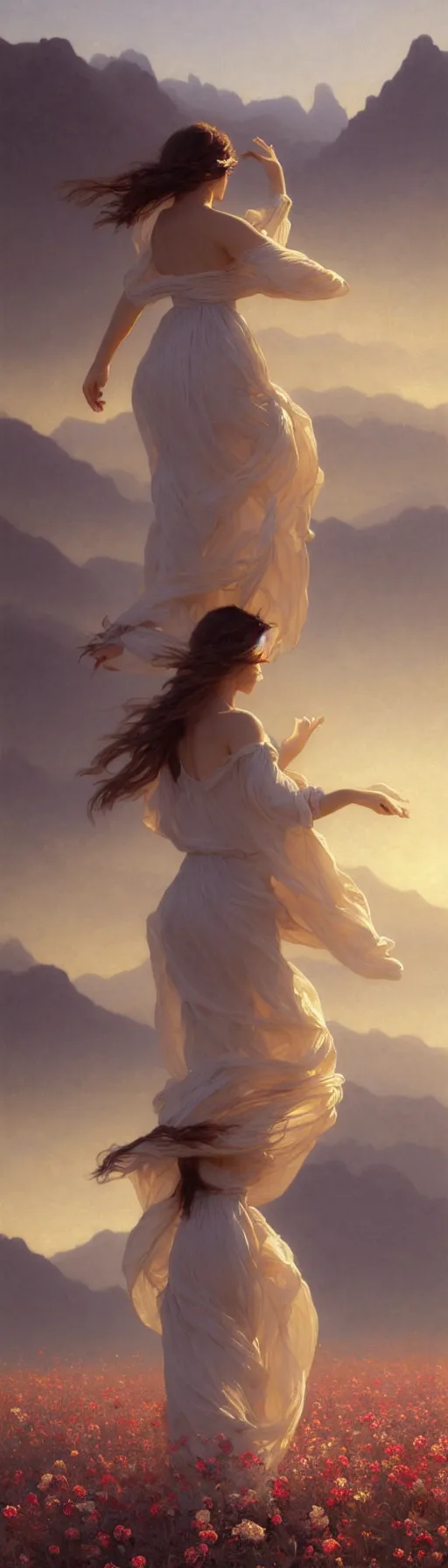 Image similar to oil painting portrait of a young woman with long flowing hair in a white dress, dancing through a field of flowers at sunset with mountains in the background, hazy, chiaroscuro, artstation, cinematic, golden hour, digital art painting by greg rutkowski, william - adolphe bouguereau, hazy atmosphere, flowers, cinematic lighting