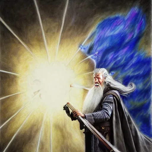 Image similar to dieselpunk Gandalf screams as he gathers his last mana, portrait, colored pencils, hyper realistic, hyper detailed, by Yves klein