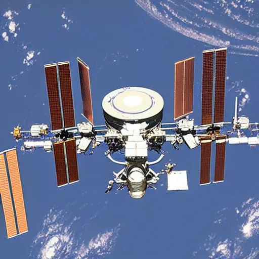 Image similar to A beautiful land art of a spacecraft or space station in Earth's orbit. The space station has a large, central cylindrical section with several smaller attached modules. There are numerous antennae, dishes, and other communications equipment on the station, as well as a few large windows. There appear to be several people inside the station, working at various consoles and terminals. pearlescent by Ernst Ludwig Kirchner soft