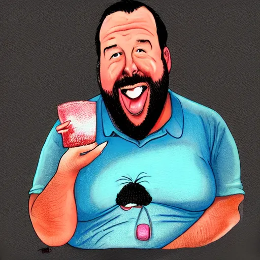 Prompt: Bert Kreischer fat eating Kool aid straight from the jar, photorealistic