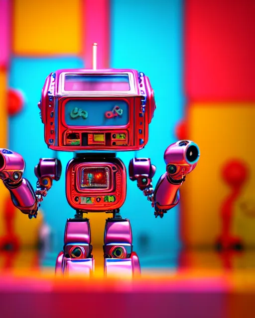 Image similar to cute elaborate robot, candy colors, pinball machine parts, symmetrical, in a city made of arcade machines and candy, octane render, 3 d model, detailed by pokedstudio