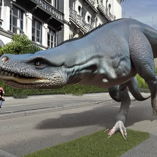 Image similar to dinosaurus in Kortrijk, photorealistic