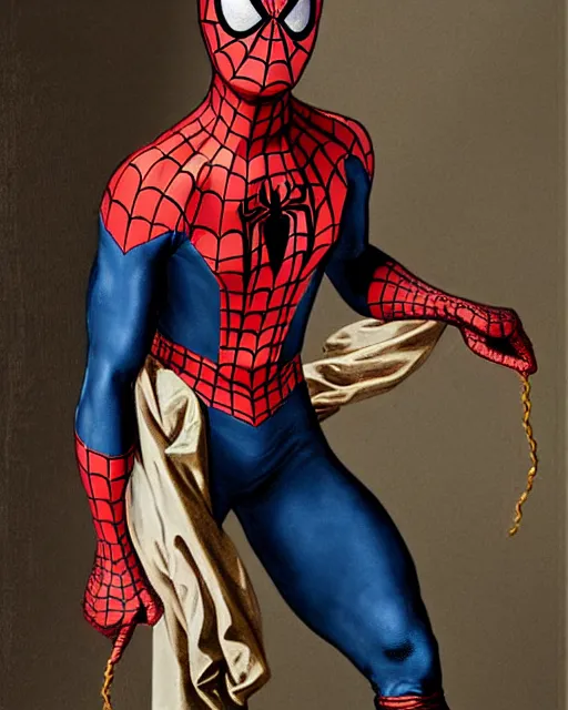 Image similar to peter parker spiderman, wearing a beautiful 1 8 th century suit with flounces and ribbons, rococo style, francois boucher style, highly detailed, very realistic, painterly style