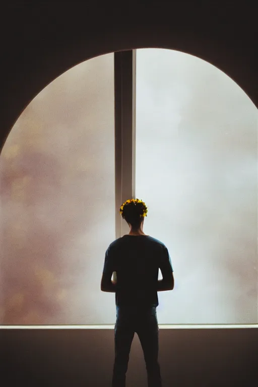 Image similar to kodak portra 1 6 0 photograph of a skinny guy standing in a spaceship, window, flower crown, back view, moody lighting, moody vibe, telephoto, 9 0 s vibe, blurry background, tranquil, calm, faded!,