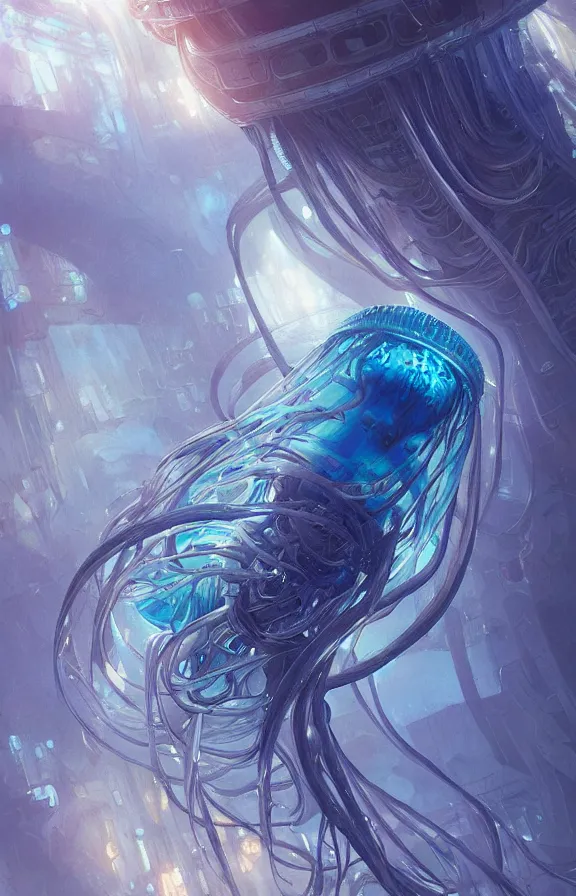 Image similar to Panorama hyper detailed painting of a cyberpunk jellyfish, blue tones, underwater, 8 mm, highly detailed, digital painting, artstation, concept art, smooth, sharp focus, illustration, art by artgerm and greg rutkowski and alphonse mucha