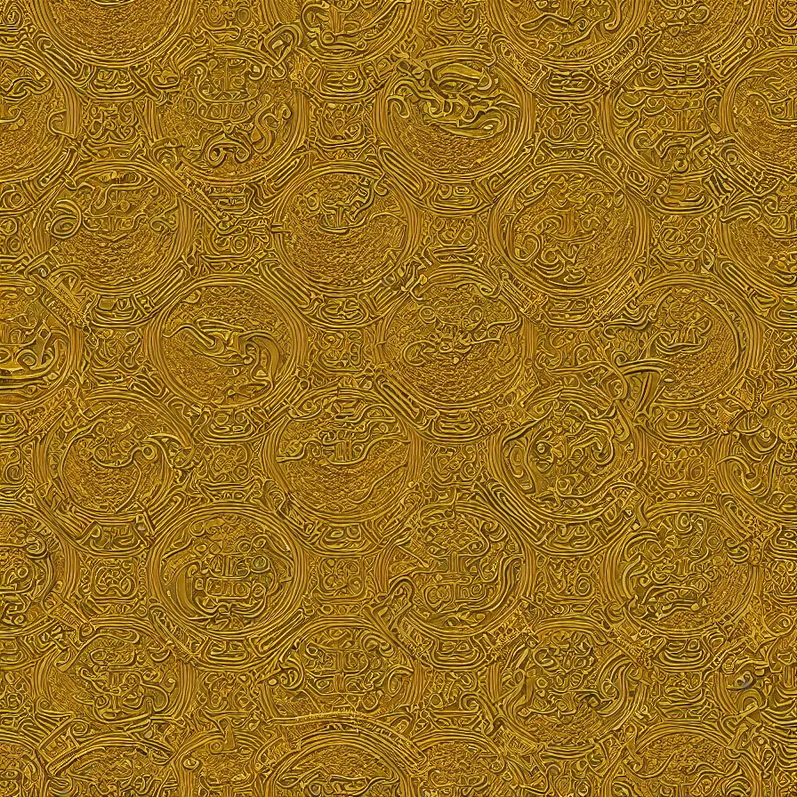 Prompt: detailed photorealistic seamless pattern of ancient japanese samurai armor with very large traditional japanese gold engravings and ornamentation, shining metallic 3 d surfaces, large japanese calligraphy, shodo, large motifs, 3 d