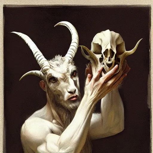 Image similar to man with goat horns holding an animal skull, style of da vinci, fantasy illustration, by greg rutkowski