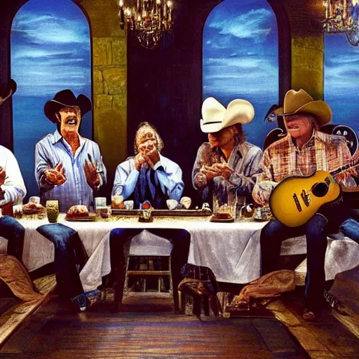 Prompt: The last supper, George strait, Alan Jackson, Randy Travis, realism