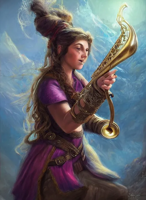 Image similar to female bard playing trumpet, ultra detailed fantasy, dndbeyond, bright, colourful, realistic, dnd character portrait, full body, pathfinder, pinterest, art by ralph horsley, dnd, rpg, lotr game design fanart by concept art, behance hd, artstation, deviantart, hdr render in unreal engine 5