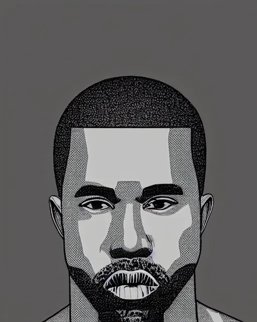 Prompt: Manga black-and-white comic book cross-hatching illustration of Kanye West on black background, fading in to the black background, darkness surrounding his body