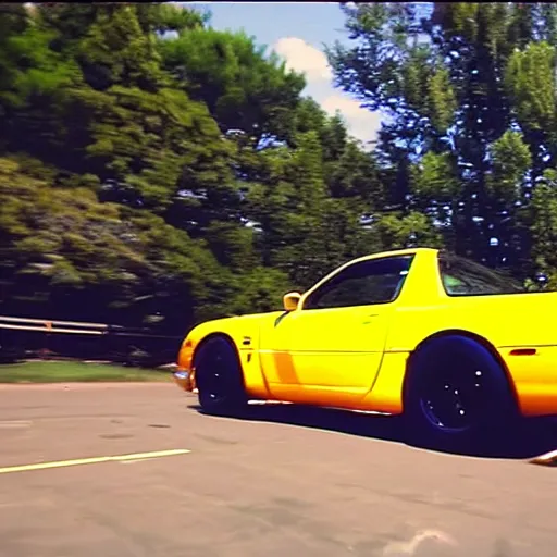 Image similar to yellow RX-7 in film Drive (2012) screen cap ryan gosling driver wide angle 22mm lens cinematic shot