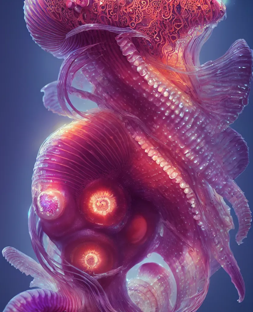 Image similar to goddess close-up portrait. jellyfish phoenix head, nautilus, orchid, skull, betta fish, bioluminiscent creatures, intricate artwork by Tooth Wu and wlop and beeple. octane render, trending on artstation, greg rutkowski very coherent symmetrical artwork. cinematic, hyper realism, high detail, octane render, 8k