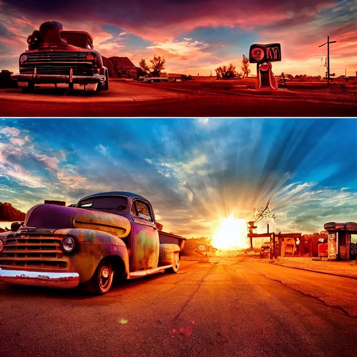 Image similar to a sunset light landscape with historical route 6 6, lots of sparkling details and sun ray ’ s, blinding backlight, smoke, volumetric lighting, colorful, octane, 3 5 mm, abandoned gas station, old rusty pickup - truck, beautiful epic colored reflections, very colorful heavenly, softlight