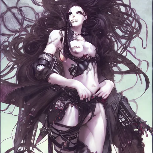 Prompt: goth woman smiling, color page, tankoban, 4 k, tone mapping, akihiko yoshida, james jean andrei riabovitchev marc simonetti, yoshitaka amano, long hair, curly, h. hydrochaeri