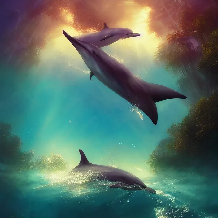 Prompt: dolphin swimming underwater, golden hour, god rays, coral reef, dreamscape by artgerm and ruan jia and ismail inceoglu and greg olsen, cosmos, milky way galaxy, masterpiece, beautiful, intricate, elegant, highly detailed, palm trees