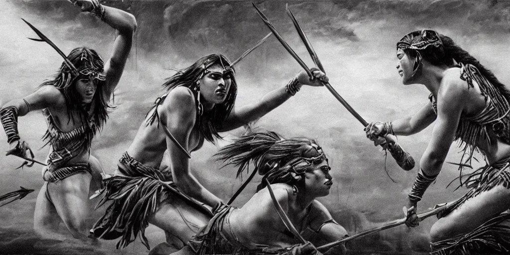 Image similar to movie scene, powerful beautiful aztec and Amazonian warrior females fight, bow, flying arrows, spear, epic camera, vintage, Boris vallejo, sepia, apocalypto