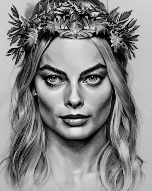 Prompt: realism tattoo sketch of margot robbie as a beautiful greek goddess aphrodite with piercing eyes wearing a laurel wreath and triangle earrings, in the style of greg rutkowski, amazing detail, confident