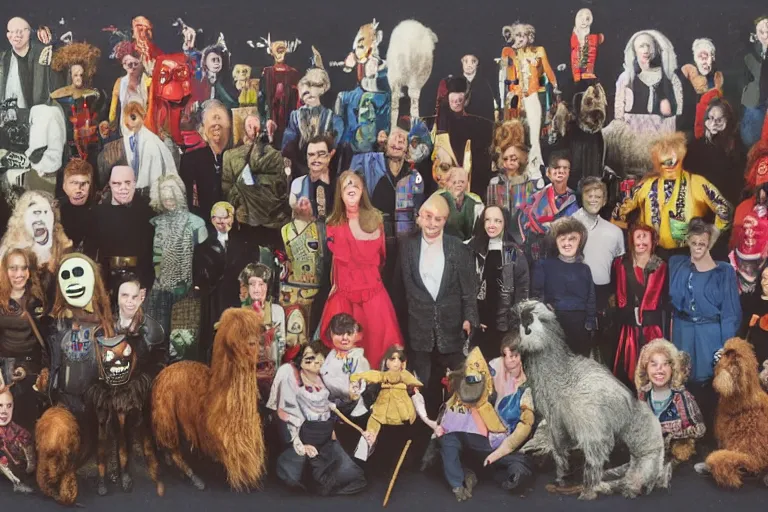 Prompt: tintype photo of a group of people, zippy from rainbow childrens tv show, harry hill, darth maul, edward scissorhands, princess diana, giant seahorse, frankie boyle, jackie chan, mr hedgehog, jessica rabbit, maradona. everyone is standing behind a llama