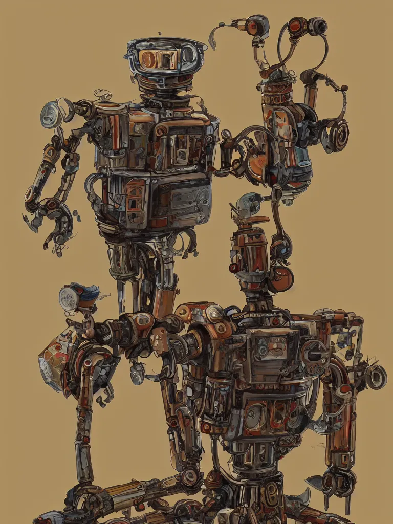 Image similar to full-length portrait of a singular old mechanical robot offering a cup of steaming coffee, by Simon Stalenhaag, sharp focus, fresh colors, deviantart, conceptart