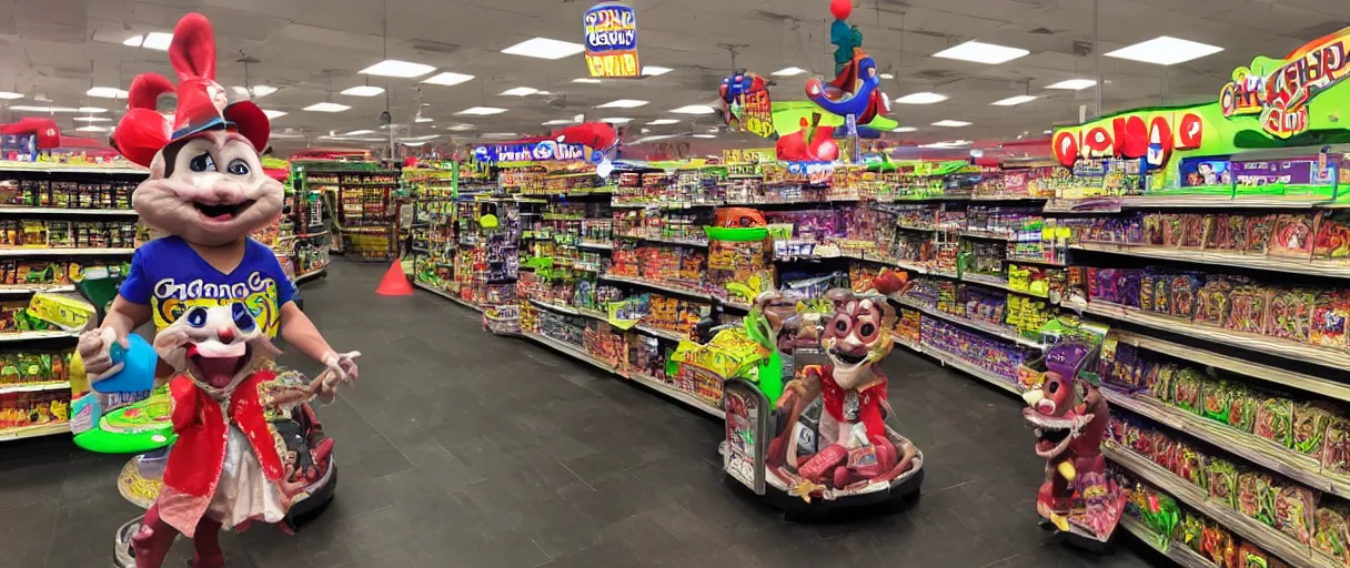 Image similar to chuck e cheese animatronic in a grocery store