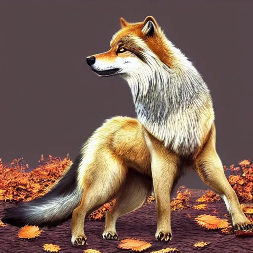 Image similar to professional digital art of a side profile of a tibetan wolf, tan and brown fur, fluffy, falling leaves, hd, 8 k, highly detailed, high quality, cute