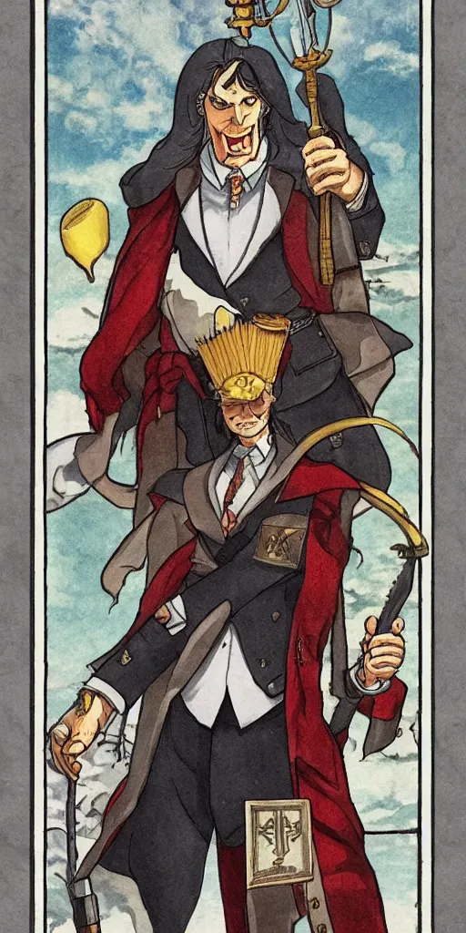 Prompt: the judge from Ace Attorney with a scale in one hand. Tarot card Justice, impressive art, detailed, singe subject