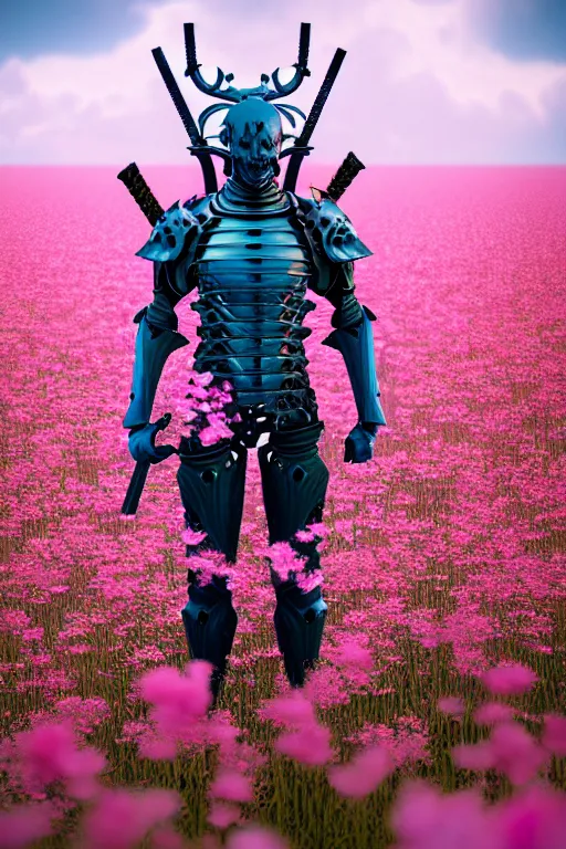 Image similar to hyperrealistic neo - gothic muscular human demon hybrid, exoskeleton armor, holding katana, standing in a field of pink flowers, highly detailed smooth concept art masterpiece, vitaly bulgarov dramatic dark teal light, ground angle hd 8 k, sharp focus