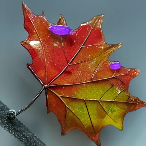 Prompt: maple leaf resting!!!!! on a colorful opal crystal, 4 k, 3 5 mm!!!!! lens