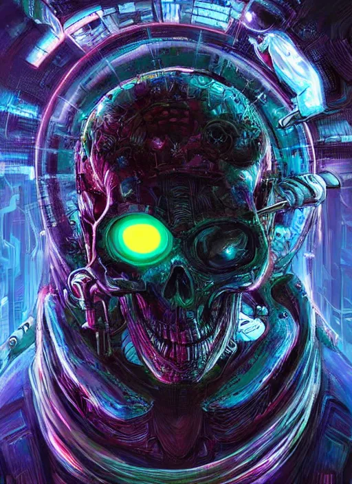 Image similar to a futuristic skull with glowing eyes and a wormhole tunnel cyberpunk art by android jones, featured on artstation, darksynth, synthwave