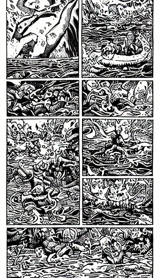 Image similar to man on boat crossing a body of water in hell with creatures in the water, sea of souls, by jhonen vasquez